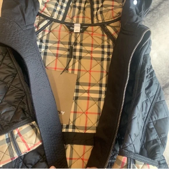 Burberry Trey Diamond Quilted Black Archive Beige Check Logo Coat